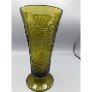 Vintage Green Depression Glass Grape Vine Footed Vase Art Glass